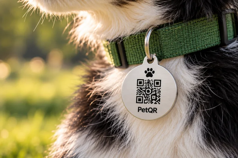 Detalle de la chapita circular metálica PetQR con un QR ilustrativo