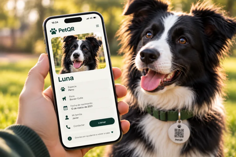 Representación ilustrativa de la ficha pública de una mascota en un celular